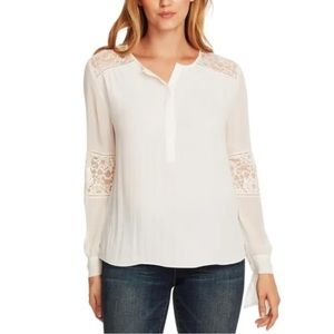 Vince Camuto Womens Ivory Semi Sheer Tie Cuff Button Lace Panel Blouse Top S